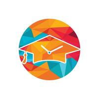 diseño del logotipo del vector de tiempo de estudio. sombrero de graduación con diseño de icono de reloj.