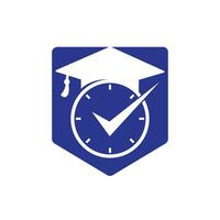 diseño del logotipo del vector de tiempo de estudio. sombrero de graduación con diseño de icono de reloj y cheque.