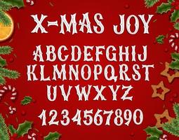 fuente serif vectorial de navidad festiva. abc de composición tipográfica dibujada a mano con números. vector