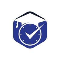 diseño del logotipo del vector de tiempo de estudio. sombrero de graduación con diseño de icono de reloj y cheque.