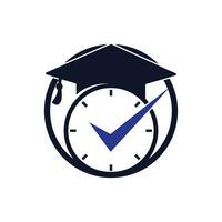 diseño del logotipo del vector de tiempo de estudio. sombrero de graduación con diseño de icono de reloj y cheque.