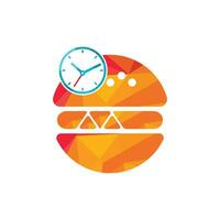 Burger time vector logo design template. Big burger with clock icon logo design.