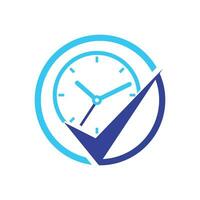 Time management vector logo template. Check mark with clock icon vector design.