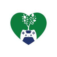 diseño de logotipo de vector de juego ecológico. diseño de logotipo de naturaleza de hoja fresca de gamepad verde.