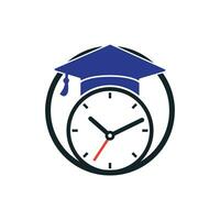 diseño del logotipo del vector de tiempo de estudio. sombrero de graduación con diseño de icono de reloj.