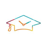 diseño del logotipo del vector de tiempo de estudio. sombrero de graduación con diseño de icono de reloj.