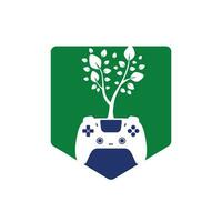 diseño de logotipo de vector de juego ecológico. diseño de logotipo de naturaleza de hoja fresca de gamepad verde.