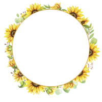 solros krans, runda ram av gul blommor, hand målad vattenfärg illustration png