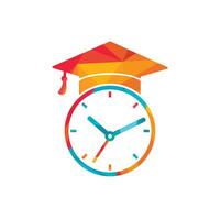 diseño del logotipo del vector de tiempo de estudio. sombrero de graduación con diseño de icono de reloj.