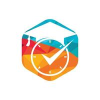 diseño del logotipo del vector de tiempo de estudio. sombrero de graduación con diseño de icono de reloj y cheque.