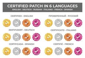 conjunto de parches certificados en seis idiomas vectoriales listos para usar vector