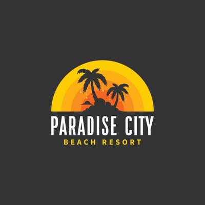 paradise city silhouette of palm tree with cloud, sunburst and stars