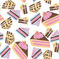 patrón transparente de vector con varios pasteles y cupcakes de cumpleaños. ilustración de dibujos animados en estilo simple dibujado a mano.
