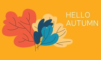 tarjeta o pancarta hola otoño con mano abstracta dibujar hojas de color sobre fondo naranja. tarjeta para vacaciones de otoño vector