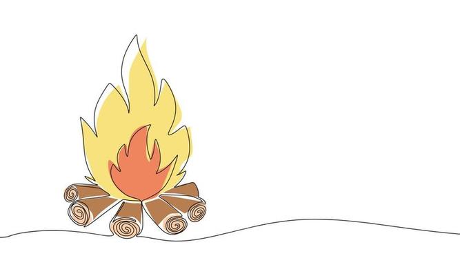 Continuous line drawing of fire on white background. Vector illustration with color
