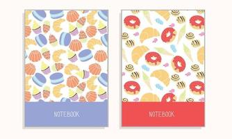 Cover for notebook or another print product with sweet element. Donut croissant cupcake, macarons and chocolate candy. vector