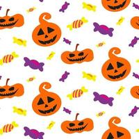 Halloween doodle festive seamless pattern. Vector hand drawn endless background with pumpkins, skulls, bats, spiders, ghosts, bones, candies, spider web and speech bubble with boo. Trick or treat.