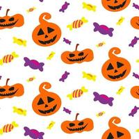 Halloween doodle festive seamless pattern. Vector hand drawn endless background with pumpkins, skulls, bats, spiders, ghosts, bones, candies, spider web and speech bubble with boo. Trick or treat.