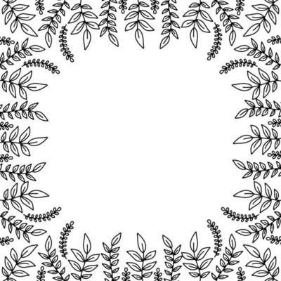 Vector hand drawn flower circle frame isolated on white background. Decorative doodle floral square pattern of leaves, spring, flowers, leaf, plants, flower decorations, wreaths for seasonal design.