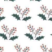 Christmas seamless pattern with rowan berry. Doodle vector background for wedding, invitations, textile, wrapping paper, greeting cards. Hand drawn holly leaves and berries. Scribble New Year decor