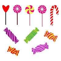 Hand drawn Sweet lollipops and candies set. Cute doodle sweets on the stick. Tasty candy for Valentine's day, Xmas, New Year, Easter, Halloween and happy birthday party. Dessert, sugar. Sweet tooth vector