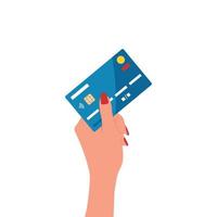 Woman's hand holding a bank card, credit card on a white isolated background. Shopping concept, stress relief. Vector