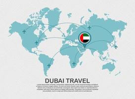 cartel de viaje a dubai con mapa mundial y ruta de avión volador concepto de destino de turismo de fondo comercial.eps