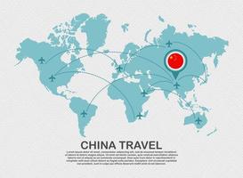 Travel to China poster with world map and flying plane route business background tourism destination concept.eps vector