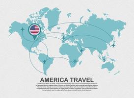 Travel to America poster with world map and flying plane route business background tourism destination concept.eps vector