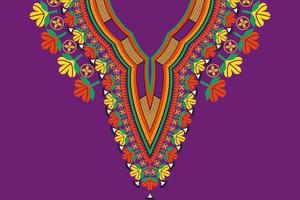 African dashiki colorful purple background neckline flower embroidery pattern. African tribal art shirts fashion. vector