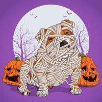 bulldog disfrazado de halloween sentado y completamente envuelto en lino de momia con calabazas a los lados vector