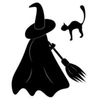 Silhouette of a witch and a black cat on a transparent background. Happy Halloween day. Isolate vector