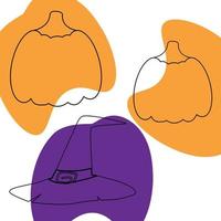 Set of two pumpkins and witch's hat. Outline drawing with colorful spots. Isolate vector