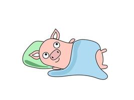Vector illustration of a pig covered with a blanket in a cartoon style.