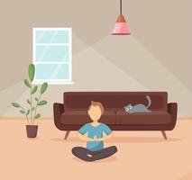 Happy healthy young man practices yoga in the living room. Vector cartoon illustration. Sports activity, workout, exercise, fitness, indoors, meditation, lifestyle, stay at home concept