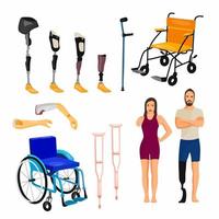 A set of disability elements and people with disabilities. Vector illustration in cartoon style.