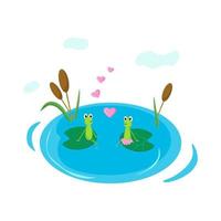 Frogs in love in the swamp. Vector illustration in a flat cartoon style.