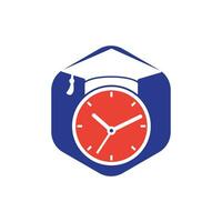 diseño del logotipo del vector de tiempo de estudio. sombrero de graduación con diseño de icono de reloj.