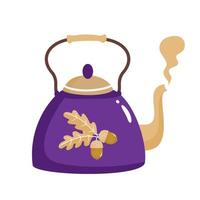 A boiling purple teapot with a pattern of oak leaves and acorns. vector