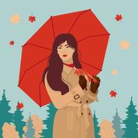 una chica con un paraguas rojo en el bosque de otoño. vector
