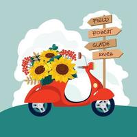 A red moped with a sunflower bouquet near a road sign. vector