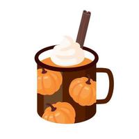 Pumpkin latte in a brown mug with a pattern, cinnamon stick. vector