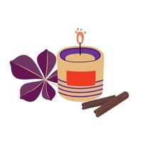 A cozy burning candle with cinnamon sticks, and a maple leaf. vector