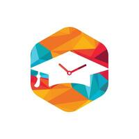 diseño del logotipo del vector de tiempo de estudio. sombrero de graduación con diseño de icono de reloj.