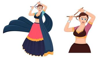 Traditionally dressed girl with dandiya sticks, garba girl vector, Happy navratri. vector