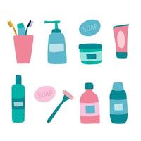 Set of cosmetics items. Vector illustration isolated on a white background with vials and jars. Elements in a hand-drawn style