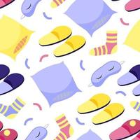 Seamless pattern with slippers, sleep mask, socks and pillows. Vector illustration for wallpaper, poster, invitation. Perfect for a home clothing store or for a pajama party