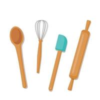 Whisk, spatula, rolling pin and spoon. Vector illustration of kitchen utensils for baking. Baking utensils on a white background with a shadow