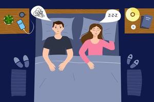 The man suffers from insomnia.The couple is in bed, the woman is asleep, and her husband is not.  Vector illustration with problems with insomnia concept