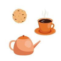 Set of vector illustrations of mugs, teapots and cookies.